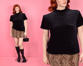 Vintage 90s Black Velour Mock Neck Top/ Large/ 1990s