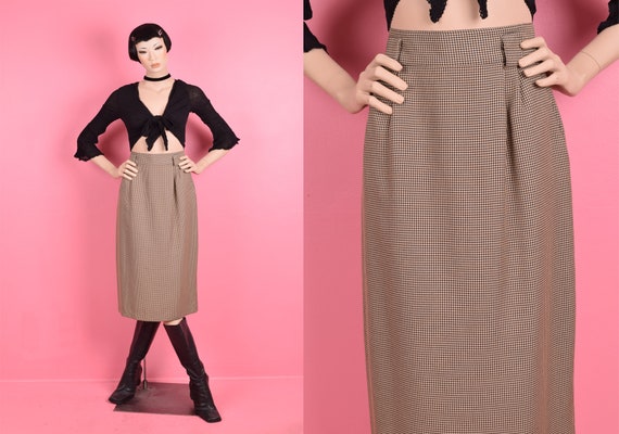 80s Tan and Black Houndstooth High Waisted Skirt/… - image 1