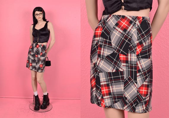 Vintage 00s Plaid Patchwork Pattern Skirt/ Small,… - image 1
