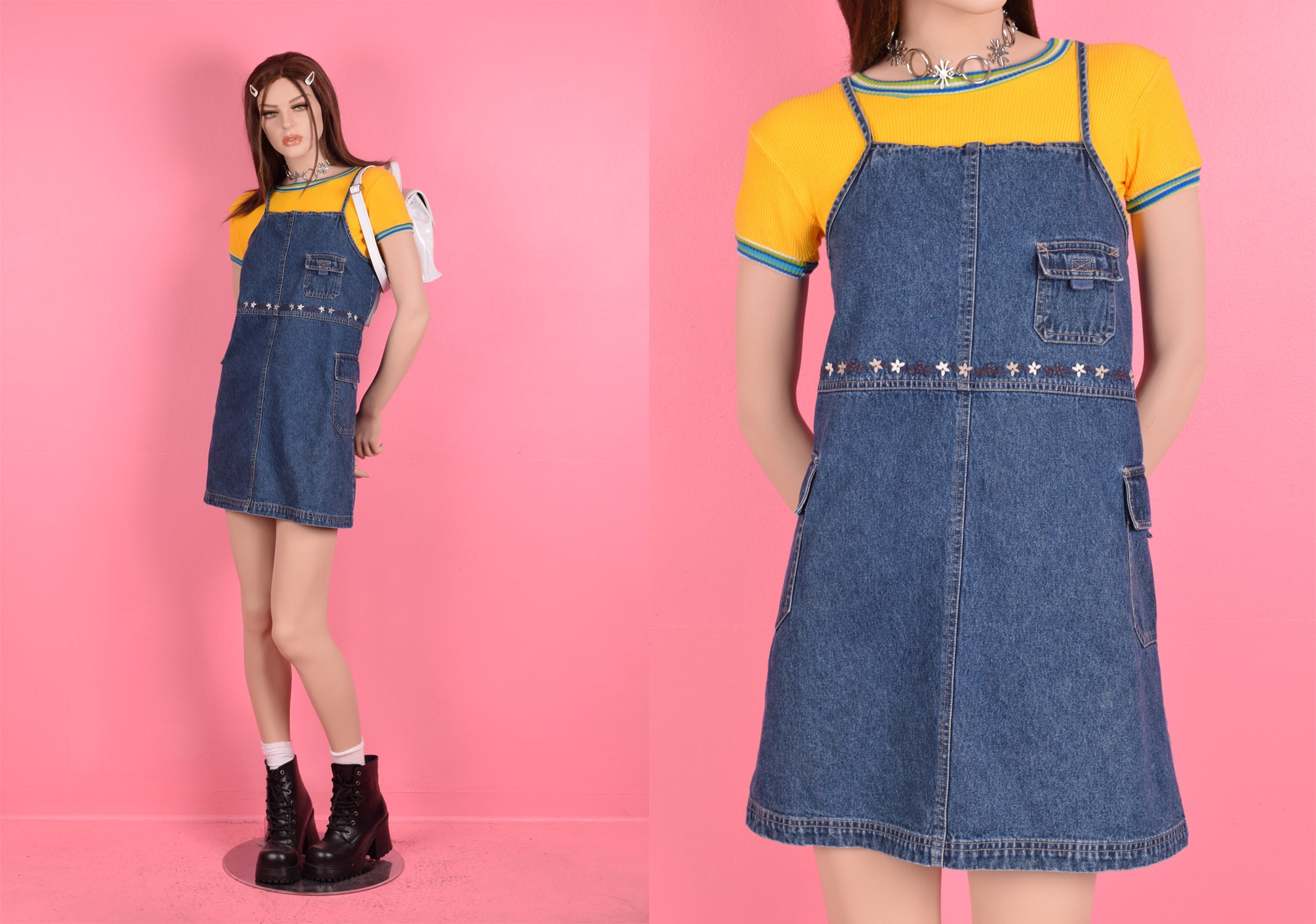 Vintage 90s 00s Floral Trim Denim Jumper Dress/ Small/ 1990s