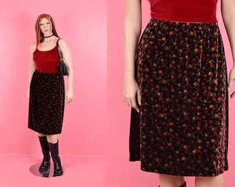 90s Floral Print Velvet Skirt/ Large/ 1990s