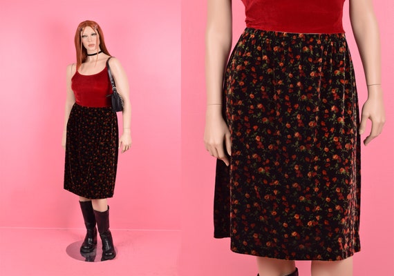 90s Floral Print Velvet Skirt/ Large/ 1990s - image 1