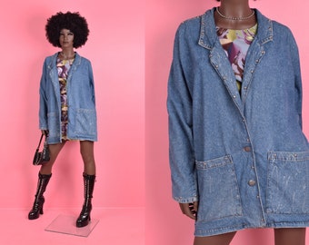 80s Denim Studded Jacket/ Large/ 1980s