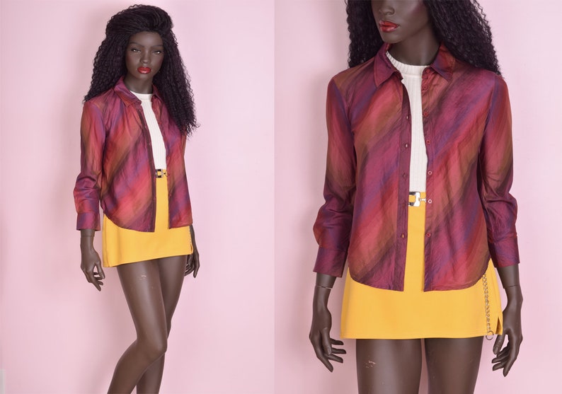 90s Multi Color Striped Silk Blouse US 5-6 1990s Long Sleeve