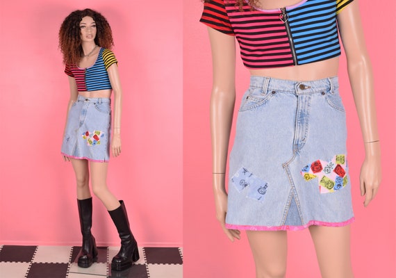 90s Patchwork Denim Skirt/ Medium/ 1990s - image 1