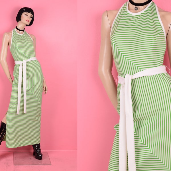 70s Green and White Striped Maxi Halter Dress/ US 6/ 1970s