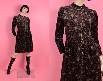 VTG Floral Print Velvet Dress/ Small/ Vintage/ Long Sleeve