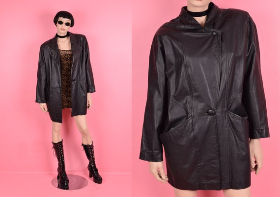 80s Black Leather Coat/ Medium/ 1980s/ Jacket - image 1