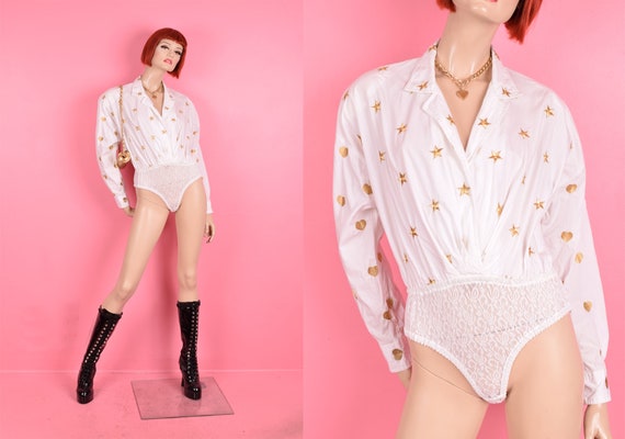 80s 90s Star and Heart Embroidered Bodysuit/ Medi… - image 1