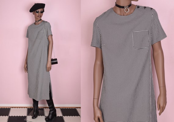 90s Black and White Gingham Maxi Dress/ Small/ 199