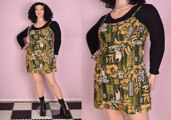 90s Hawaiian Print Mini Dress/ XL-XXL/ 1990s/ Tank