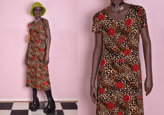 90s Rose and Animal Print Dress/ Medium/ 1990s