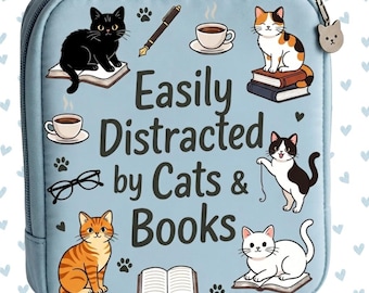 Easily distracted by books and cats,Book bag PNG, books and cats, Bookworm PNG, Book bag personalized, Book pouch bag, Pouch bag design