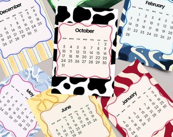2027 Mini Preppy Calendar Cards: Monthly Cute Desk Calendar Set (PDF Digital Download), Aesthetic Calendar Printable, 2027 calendar