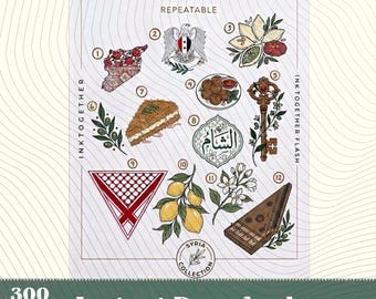 Syrian Symbols Culture PNG,12 items POD,Damascus Jasmine & Kufiya Arabic Food Kibbeh Kunafa Sticker,Syria Map,Middle Eastern Heritage Gift