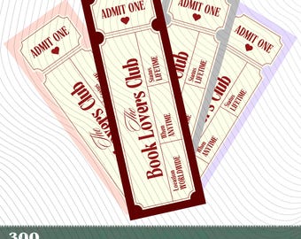 Book Lovers Club Ticket Bookmark PNG, Custom Set of 4 Vintage colors,Personalized POD Bookworm Accessory,Bookish Stationery membership gift