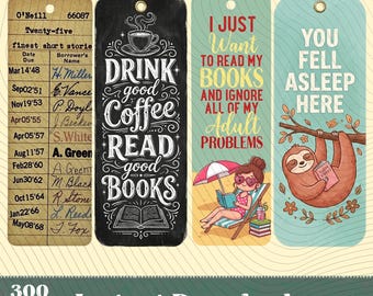 4 Printable Bookmarks PNG,Vintage Library Card, You Fell Asleep Here,Just Want to Read,Sloth Sleepy Reader,Drink good coffee read good books