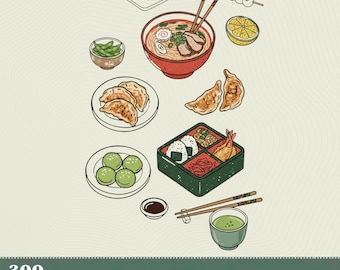 Japanese Food Doodles PNG, Kawaii Cuisine Art (Digital Print)