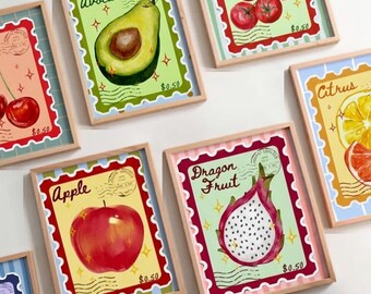 60 Stamps, Fruit Wall Art Download, Fruit kids, Farmers market stickers, Fruits stickers PNG, Vintage Fruit Stickers, Retro Kitchen Decor