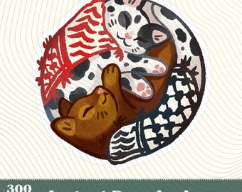 Catffiyeh Palestinian Solidarity Sticker PNG,Kufiya Cats Support Palestine Art,Free Palestine Yin-Yang 2 cats, black and white Kufiya Prints