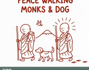 Peace Walking Monks and Dog PNG, Buddhist Zen Art (Digital Download)