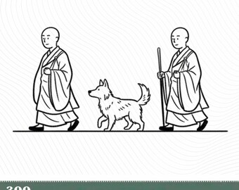 Walking Monks and Dog PNG, Zen Spiritual Art (Digital Download)