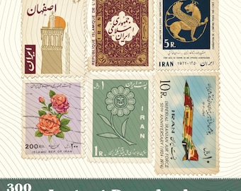 Vintage Iran Postage Stamp Collection Art,Persian History Ephemera,Antique Iranian Stamps Sticker Sheet,Farsi Calligraphy Philately Gift PNG
