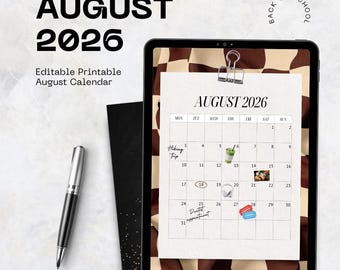 August 2026 Calendar: Back to School, Editable Calendar, Monthly Planner, Homeschool Calendar, Aesthetic  Classroom Calendar, Sunday Start