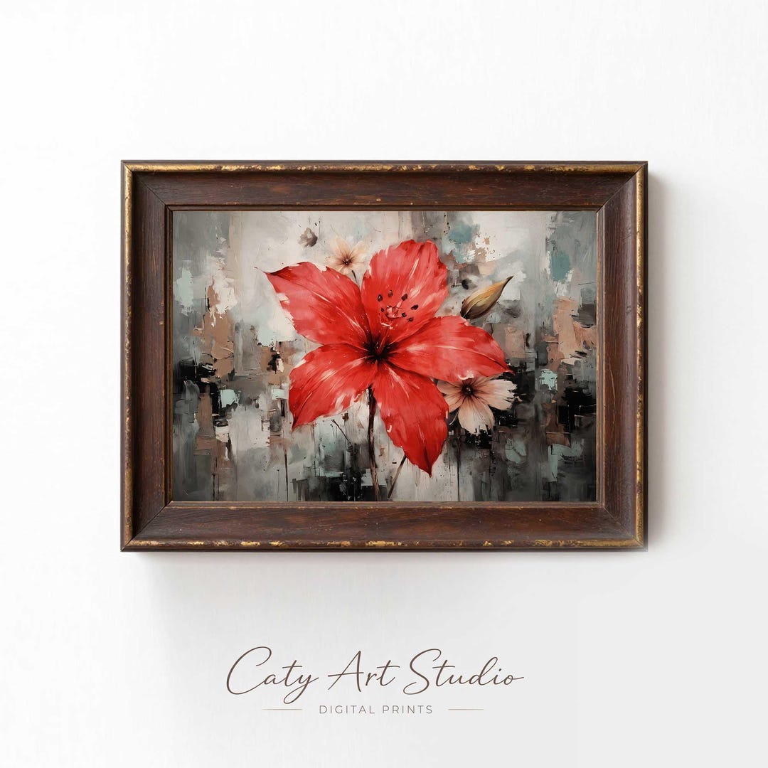 Red Abstract Flower Wall Art Print, Modern Floral Painting ...