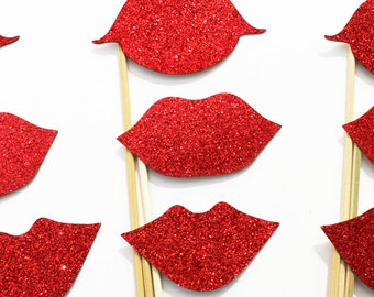 GLITTER Lips Photo Booth Props 9 Piece Set - Wedding Photobooth Props - Party Favor - Birthday