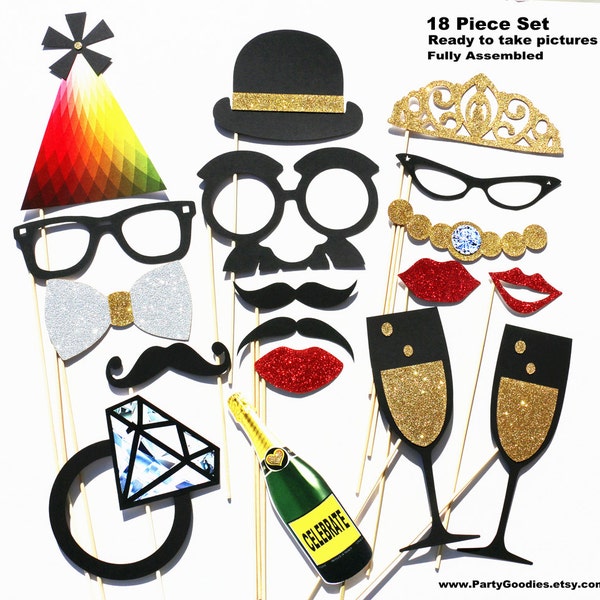 Photobooth Props - Photo Booth Props 18 Piece GLITTER Set - Wedding Party Photo Props