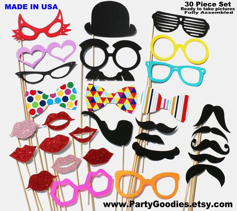 Photo Booth Props 30 Piece Set GLITTER Photobooth Props Wedding Party Photo Props Birthday Holidays Favor image 1