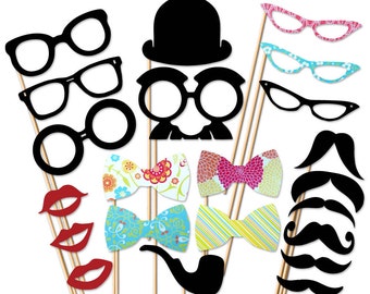 Photobooth Prop - 22 Piece On a Stick Set - Mustache Party Props - Wedding Photo Booth Props