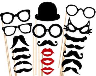 Great Photo Booth Props 20 Piece Set  - Mustache Glasses Lip Hat  - Wedding - Birthday