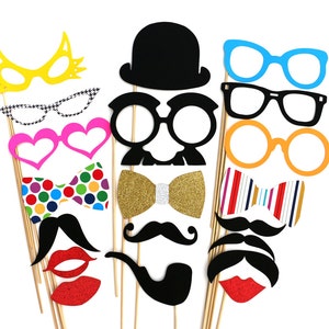 Photo Booth Props - 20 Piece Photobooth Party Set with GLITTER - Weddings - Birthday