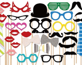 Photo Booth Props - 31 Piece Wedding Photo Props set - Birthday Photobooth Props