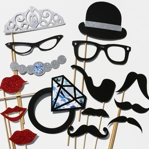 Party Photo Booth Set - 15 Piece Set - GLITTER Wedding PhotoBooth Props - Party Favor