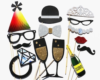 Photo Booth Props - 14 Piece Wedding Party Favor GLITTER Set - Photobooth Wedding Photo Props Birthday