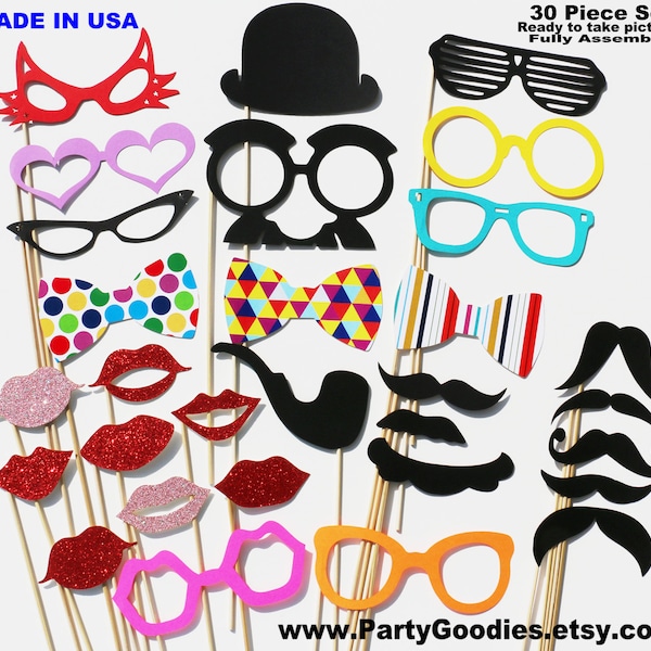Photo Booth Props - 30 piece Party Photo Props Party GLITTER set - Wedding Photobooth Props
