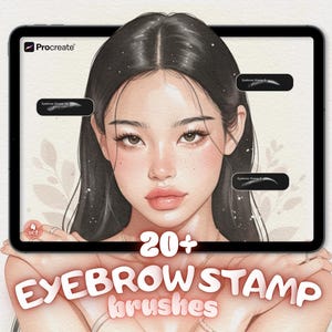 May include: Digital art illustration of a woman with dark hair holding a tablet. The tablet displays eyebrow stamp brushes for the Procreate app. The text on the image reads "20+ EYEBROW STAMP brushes".