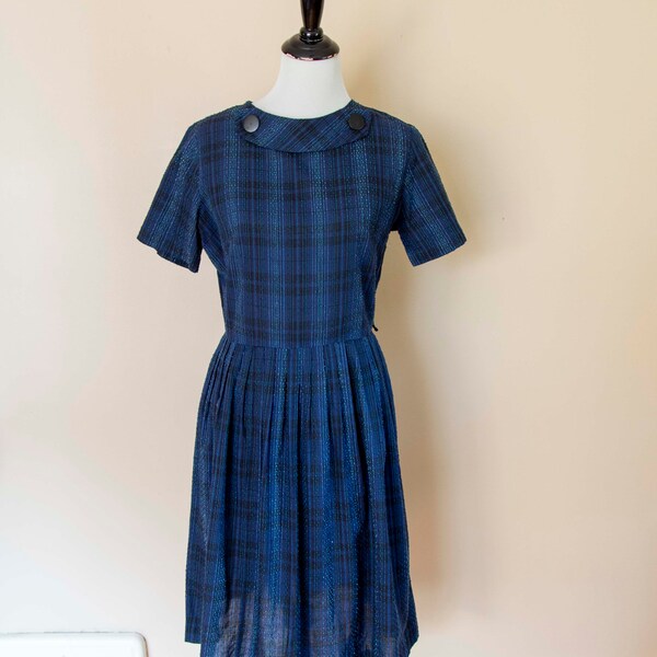 ON HOLD 60s Kay Whitney Fit and Flair Dress Blue and Black Plaid Textured Cotton Size Medium