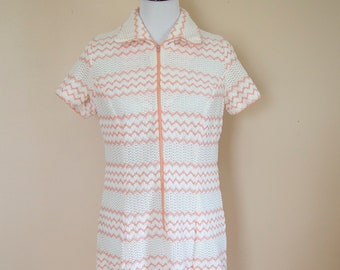 Vintage 70s Dress Large - Striped Dress - Peach Dress - Pointelle Dress - 1970s Dress