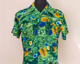 50s K-Mart Green Rayon Hawaiian Shirt Size Medium