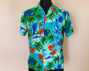 50s K-Mart Blue Rayon Hawaiian Shirt Size Medium