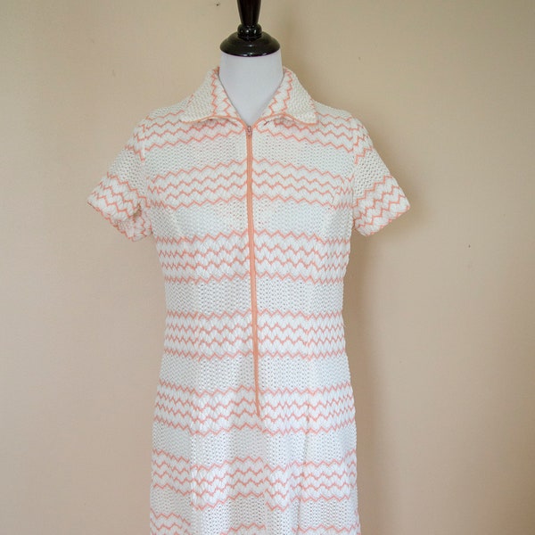 Vintage 70s Dress Large - Striped Dress - Peach Dress - Pointelle Dress - 1970s Dress