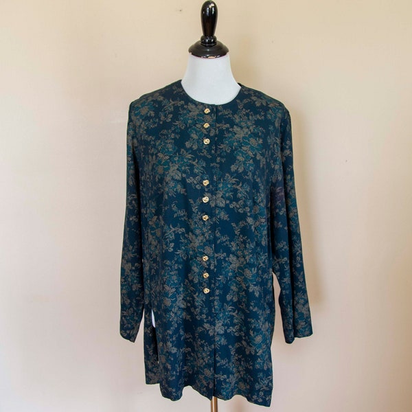 80s Emerald Green Floral Tunic Medium - Vintage Blouse - R&M Richards - 1980s Tunic