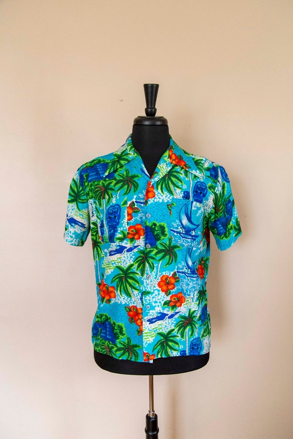 50s K-Mart Blue Rayon Hawaiian Shirt Size Medium - image 1