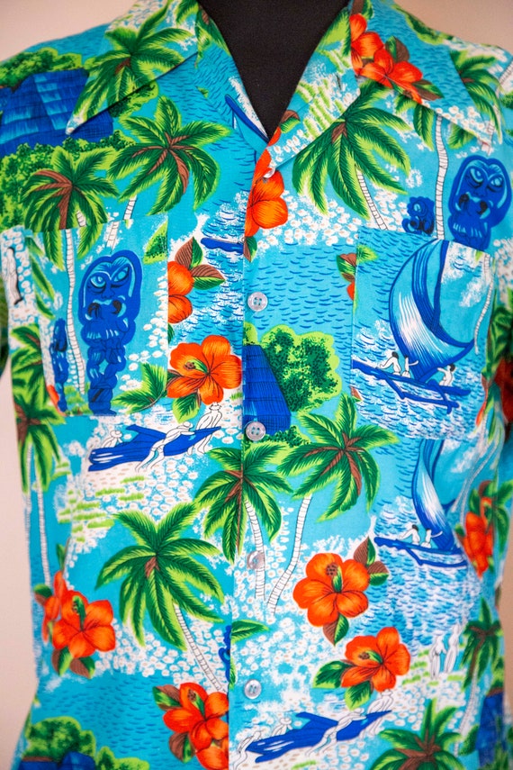 50s K-Mart Blue Rayon Hawaiian Shirt Size Medium - image 2