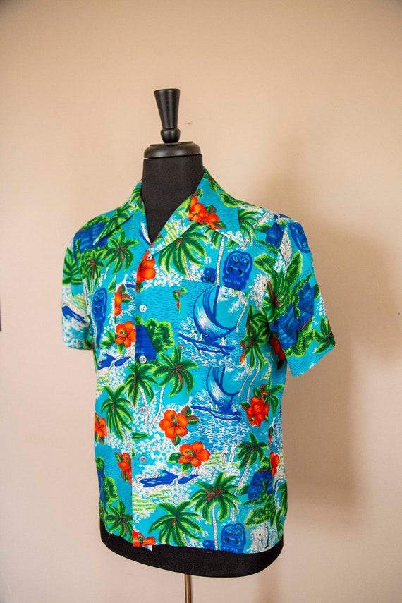 50s K-Mart Blue Rayon Hawaiian Shirt Size Medium - image 3