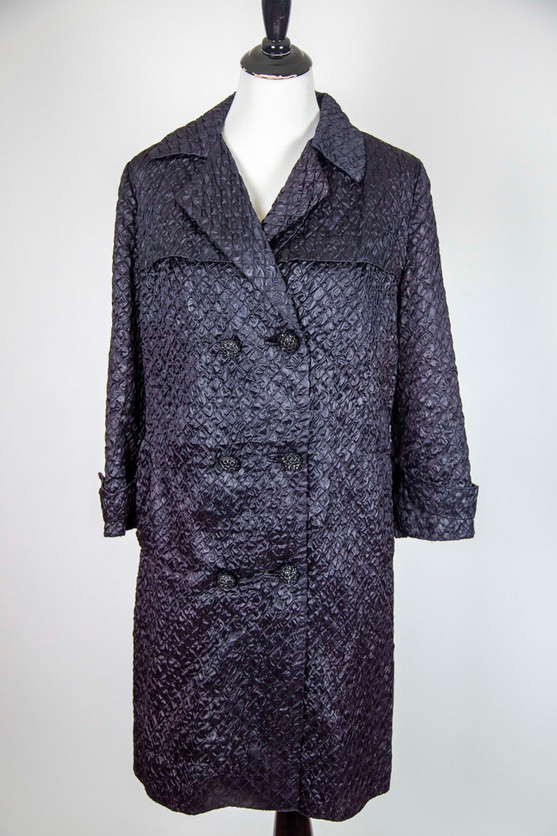 60s Lilli Ann Quilted Black Satin Double Breasted Overcoat Size Medium image 3